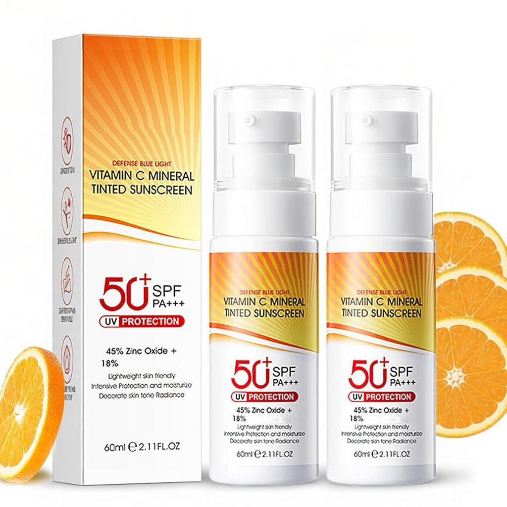 Protetor Solar Mineral com Vitamina C SPF50, Protetor Solar Facial Colorido, Protetor Solar Facial Hidratante com Óxido