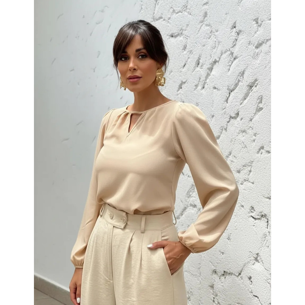 Blusa Feminina Manga Longa Alfaiataria Premium Moderno Crepe Social Modelo Novo