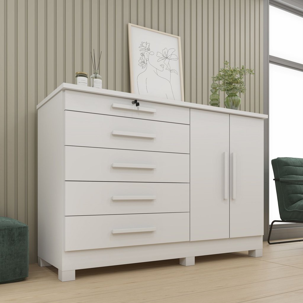 Cômoda 5 Gavetas 2 Portas com Pés 136cm Istambul Branco/Neve Neve
