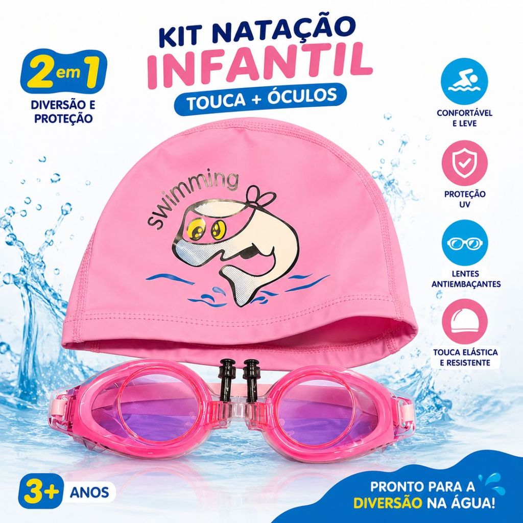 Kit Natação Infantil Touca + Óculos de Natação Ajustável Criança Piscina Praia 2 Peças