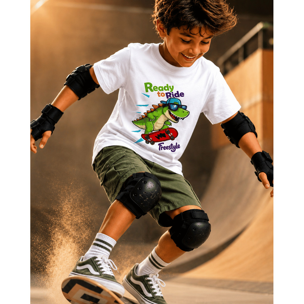 Camiseta Infantil Dinossauro Skatista Radical Menino 100% Algodão Confortável