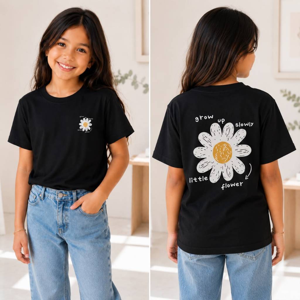 Camiseta Infantil e Juvenil Feminina 100% Algodão com Estampa Floral nas Costas | Blusa Casual Confortável para Meninas