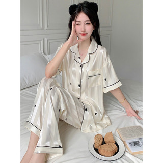 Pijamas de seda gelo feminino verão calças de manga curta High-End Loungewear feminino primavera outono simulação seda