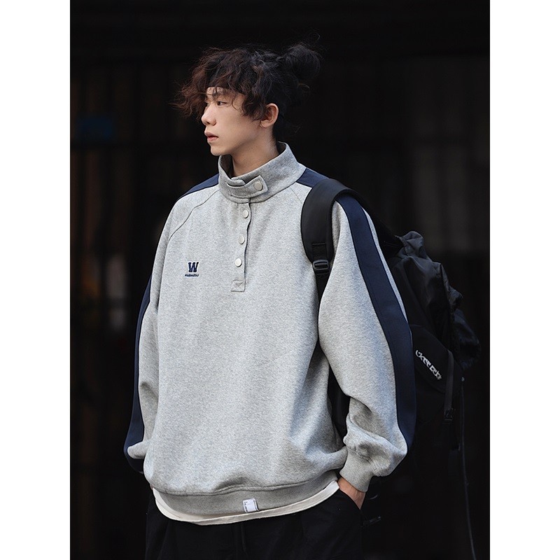 Japonês Retro contraste cor costura moletom de manga comprida masculino primavera outono Street Wear estilo americano go