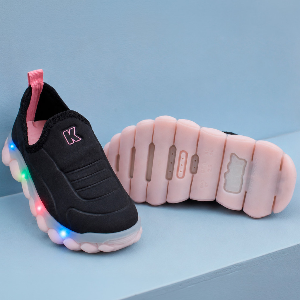Tênis Infantil Menina Kidy Brinca Flex Preto Rosa Luz LED Pisca Calce Fácil Confortável