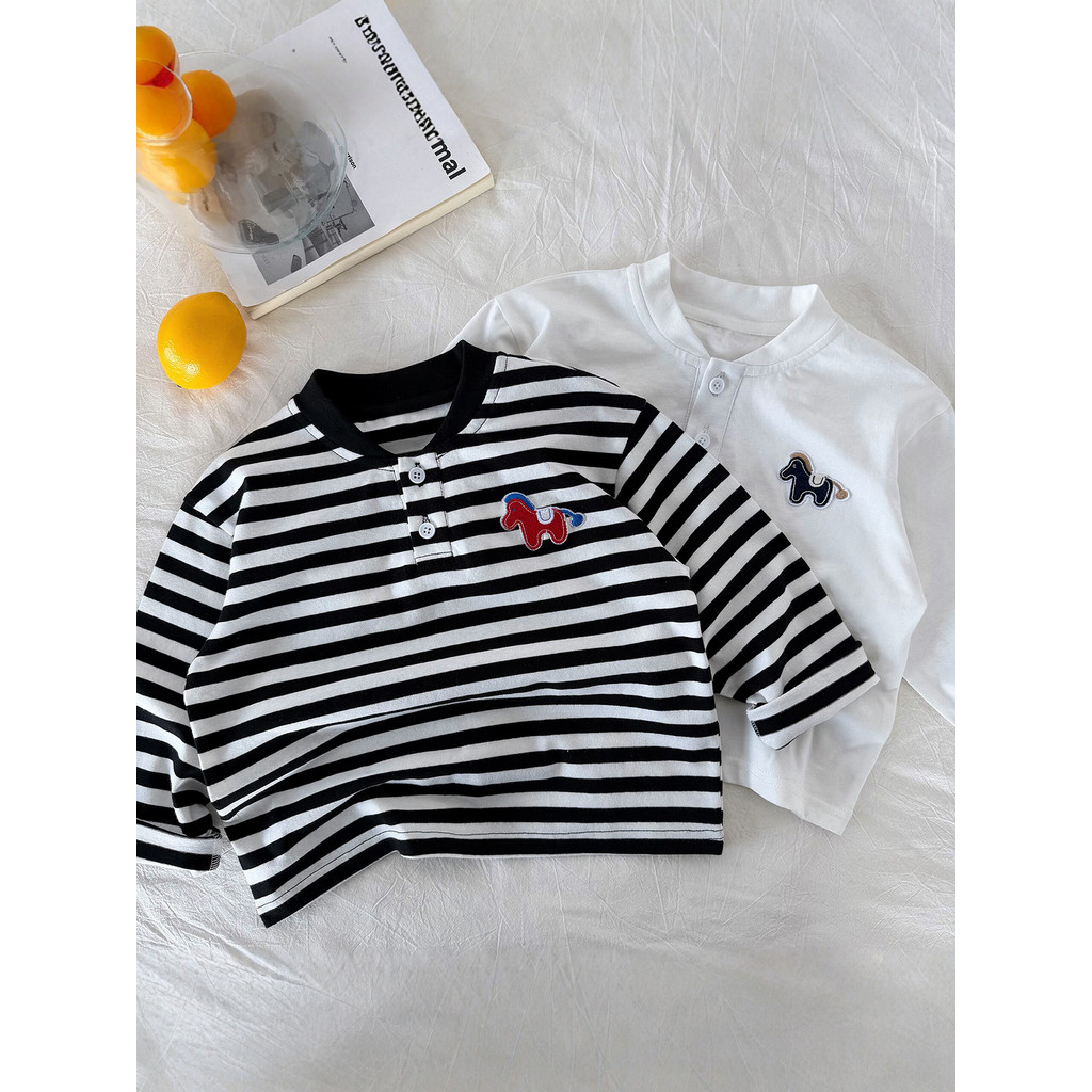 Meninos listrado manga comprida camiseta primavera outono estilo crianças camisa de algodão branco bonito bebê dos desen