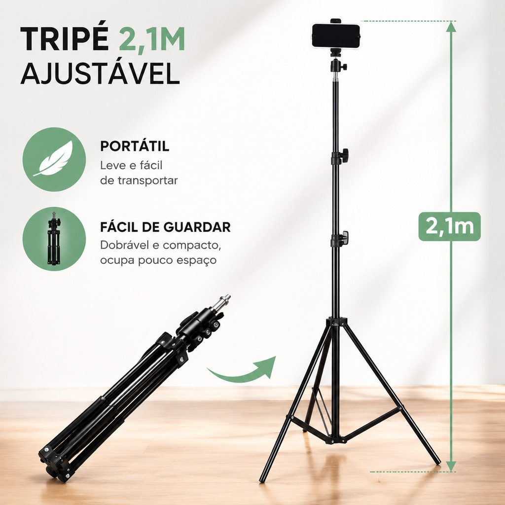 Tripé para transmissão ao vivo com 2,1 m e bastão para selfie.Suporte extensível para celular com estrutura de suporte