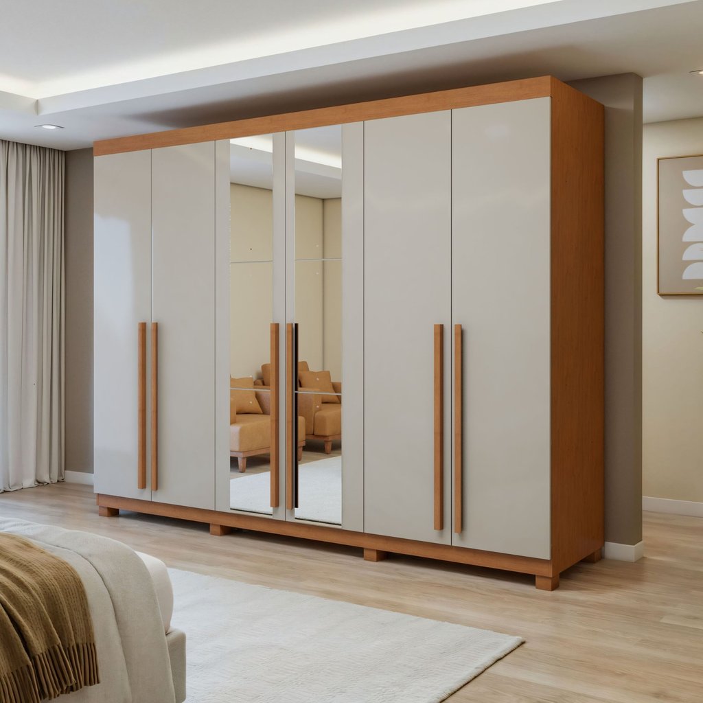 Guarda-Roupa Casal 6 Portas 4 Gavetas com Espelho e Pés 270cm Bertha Amêndoa Clean/Off White Amêndoa Clean/Off White