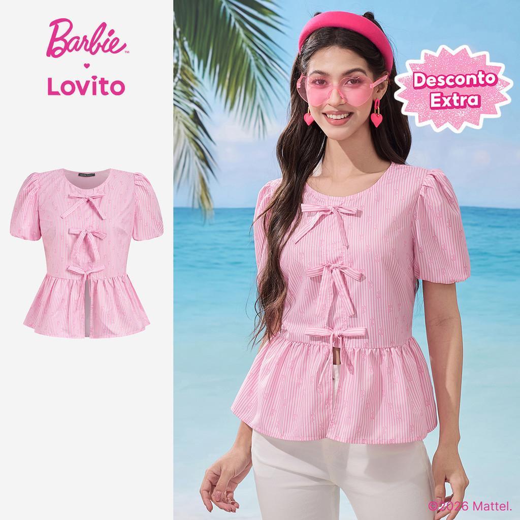 Barbie™ X Lovito Casual Blusa Estilo Coreano Laço Floral Frontal Rosa Primavera/