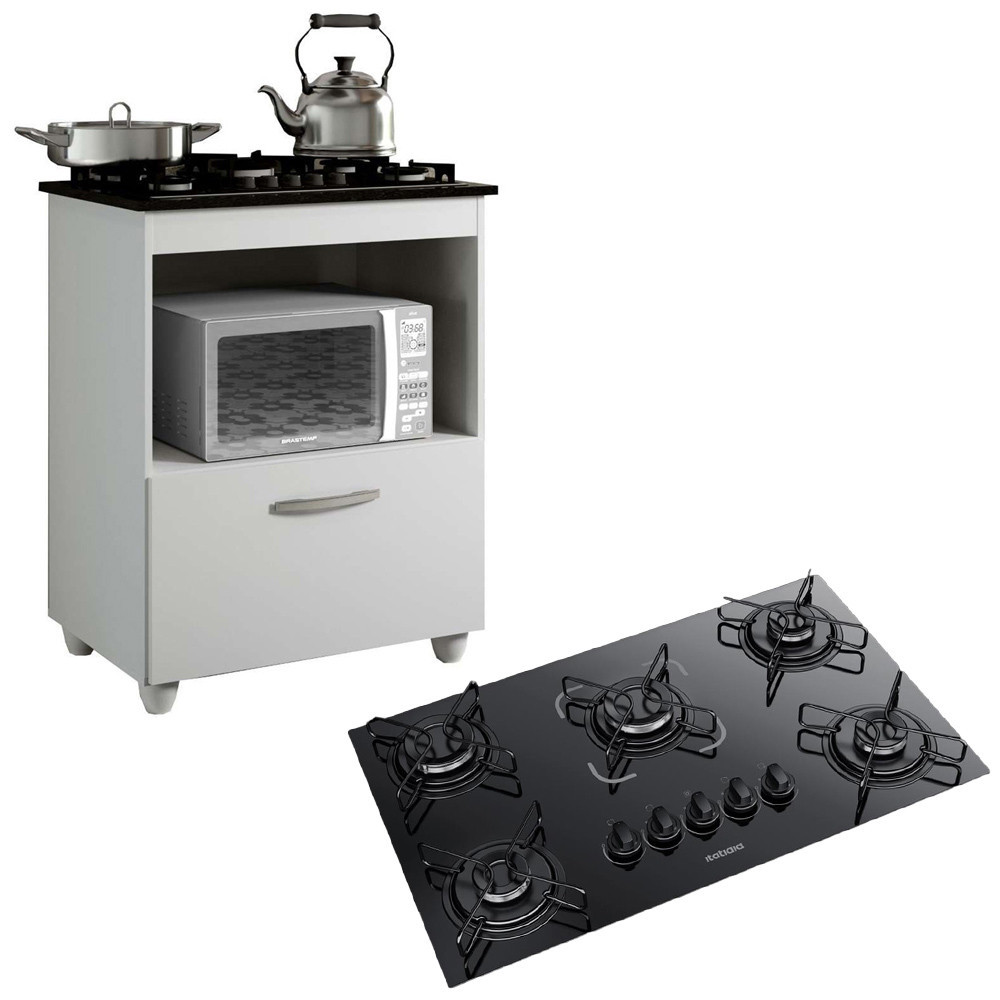 KIT BALCÃO COOKTOP KAIKI SALVIA COM 1 PORTA BRANCO E FOGÃO COOKTOP 5 BOCAS ESSENCIAL ITATIAIA