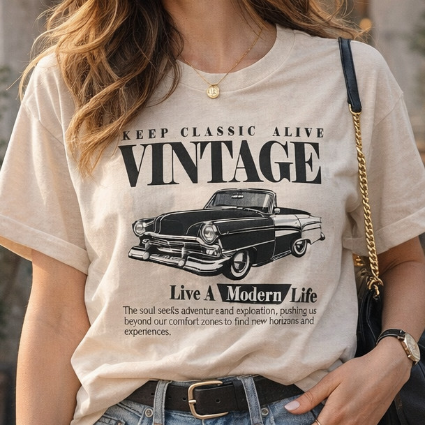 Camiseta Longa Feminina Vintage Carro Retrô Estampada Casual Moderna 100% Algodão Confortável