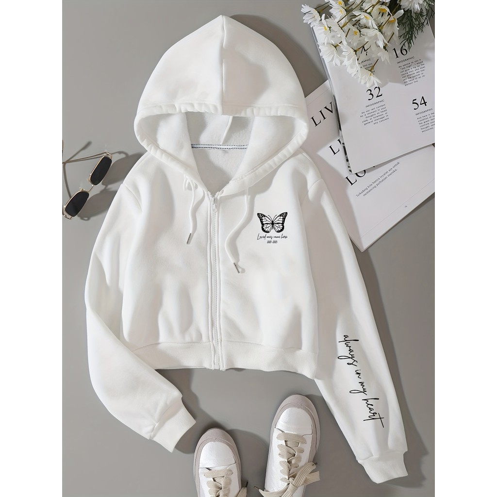 Moletom Casual com Capuz, Zíper Curto e Estampa de Borboleta e Letras, Moda Outono/Inverno, Adequado para Deslocamentos