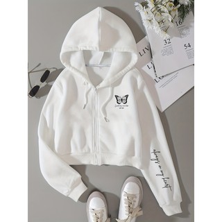 Moletom Casual com Capuz, Zíper Curto e Estampa de Borboleta e Letras, Moda Outono/Inverno, Adequado para Deslocamentos