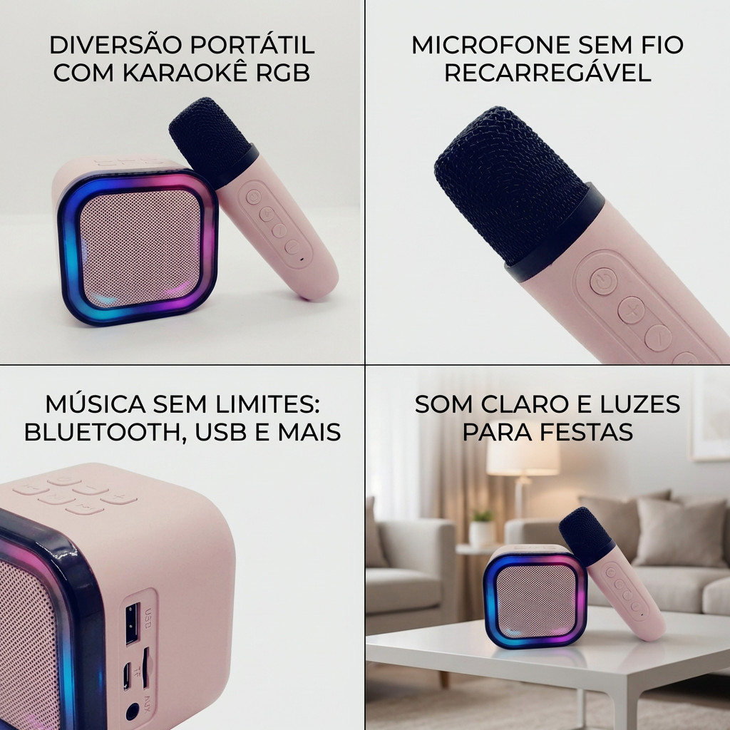 Caixa De Som Bluetooth Portatil Com Microfone Sem Fio Karaoke Led Rgb Bateria Recarregavel Potente