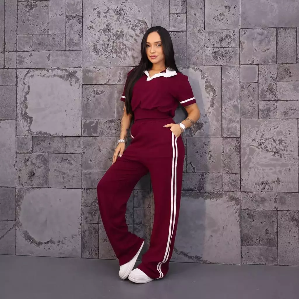 Conjunto Feminino Calça Pantalona e Blusa Bicolor Manga Curta Moda Blogueira — imagem 1