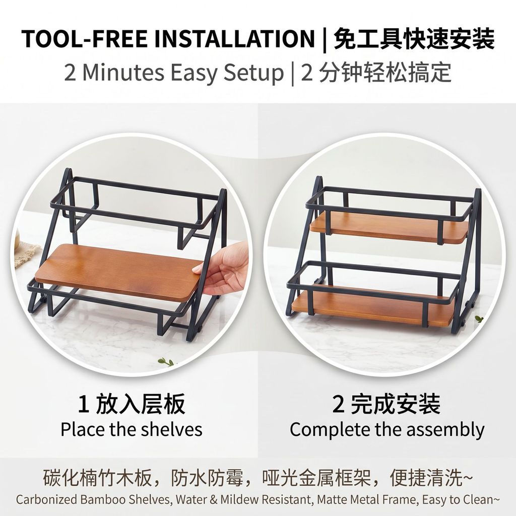 Dupla camada Trapezoidal de madeira bambu bancada cozinha condimento rack condimento rack cosméticos copo mesa rack DKNR