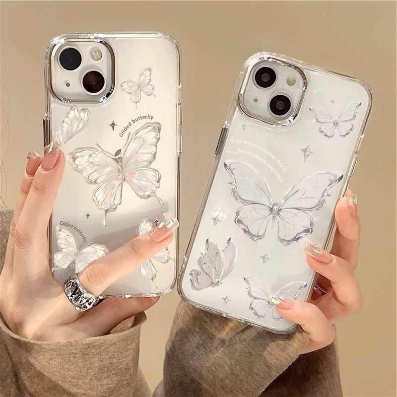 Capa Borboleta Prateada Para Samsung Galaxy A57 A55 A56 A54 A53 A52 A06 A16 A36 A35 A34 A33 A26 A25 A24 A23 A30S De Luxo
