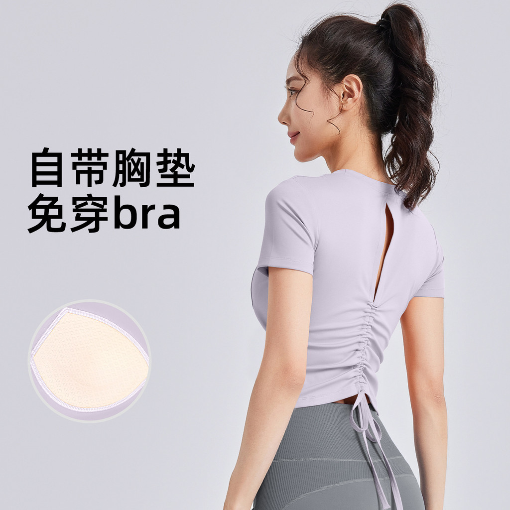 Verão Yoga Wear com almofada no peito de manga curta feminino cordão cintas bela volta lazer esportes ao ar livre Fitnes