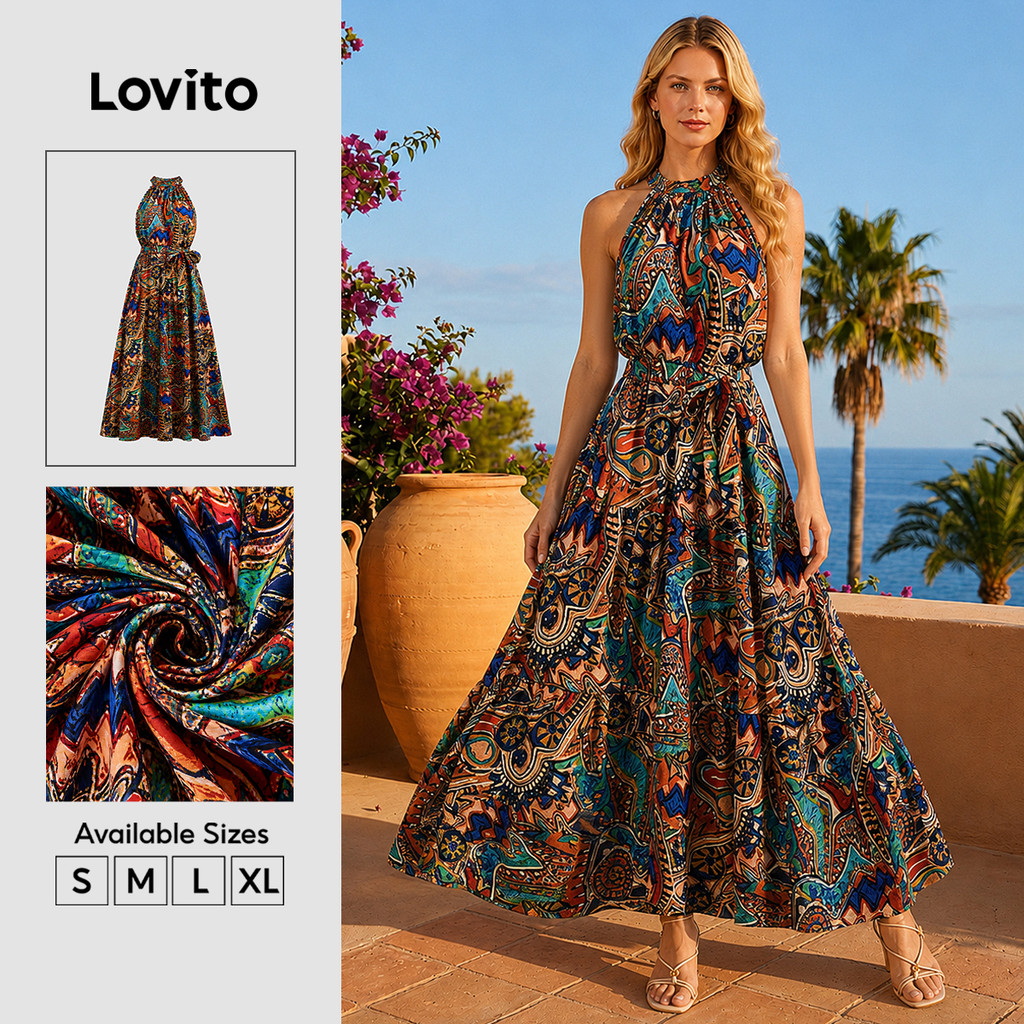 Lovito Boho Férias Vestido Com Estampa Tribal E Cinto De Ombro Frio Para Mulheres LBL15435