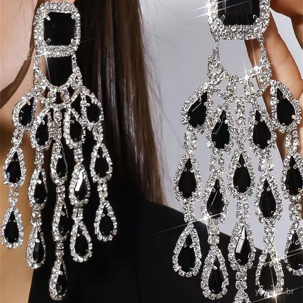 Novos brincos longos de estilo europeu e americano com diamantes, brincos de franjas com diamantes, brincos pretos para 
