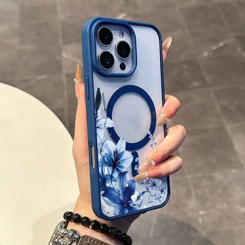 Capa Magnética Coquette para iPhone 17 16 E Pro Max 15 Plus 14 13 12 11 XS XR, Design de Moldura Floral Azul Pastel