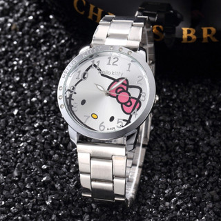 Relógio de Pulso de Quartzo com Mostrador Hello Kitty e Pulseira de Aço Inoxidável, Relógio Casual de Luxo para Mulheres