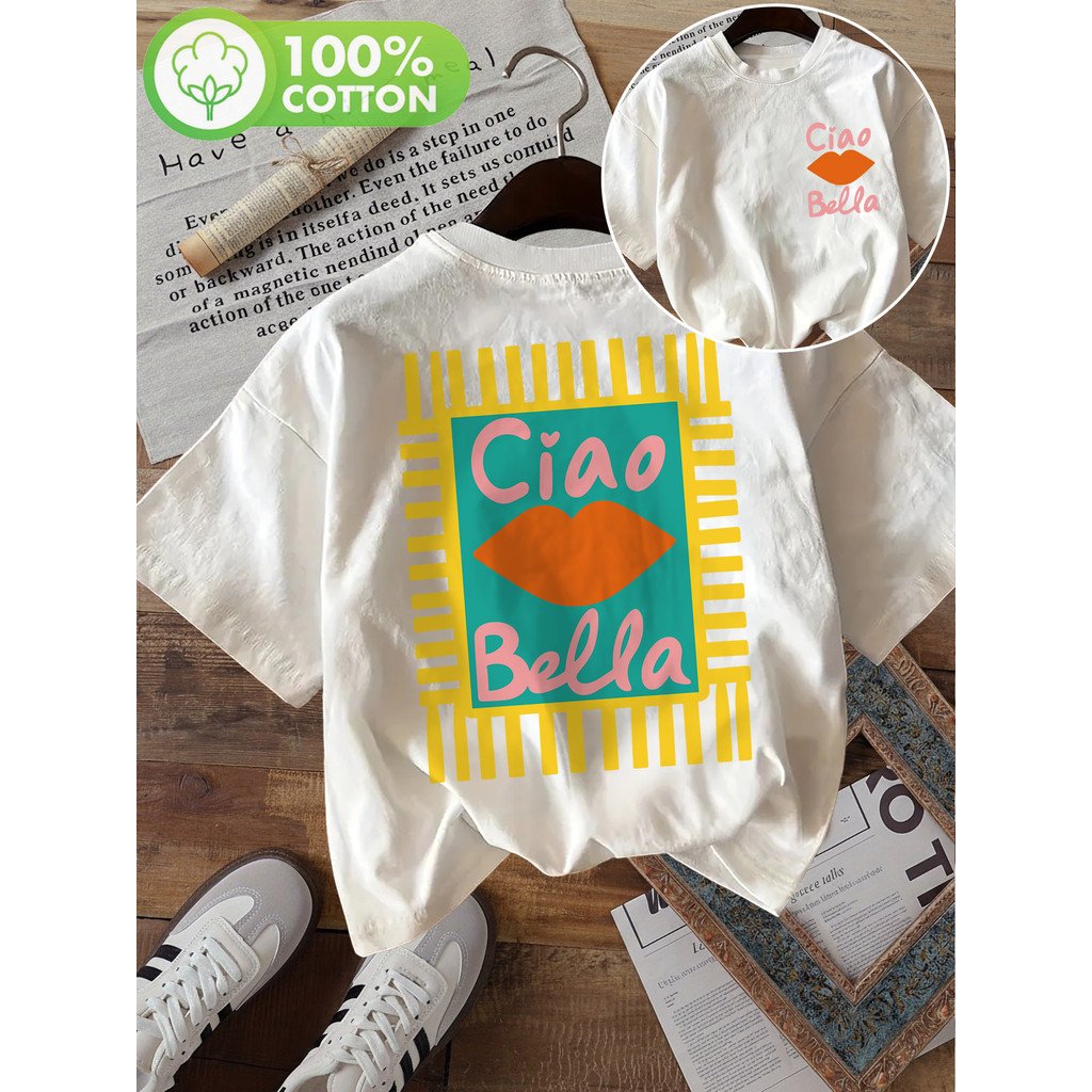 Camiseta Feminina 100% Algodão Estampa Ciao Bella T-Shirt Estilosa Blogueira Moda Tendência Casual Confortável