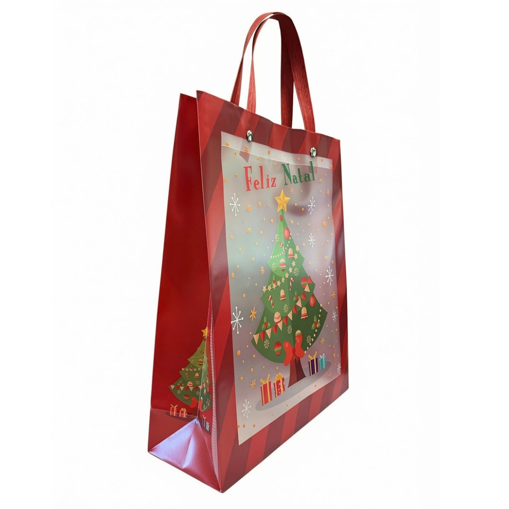 Sacola Transparente Fosca Pinheiro de Natal com Alça Vermelha 25x20x7cm | Kit 1, 3, 6, 9 ou 12 Unidades · foto 2