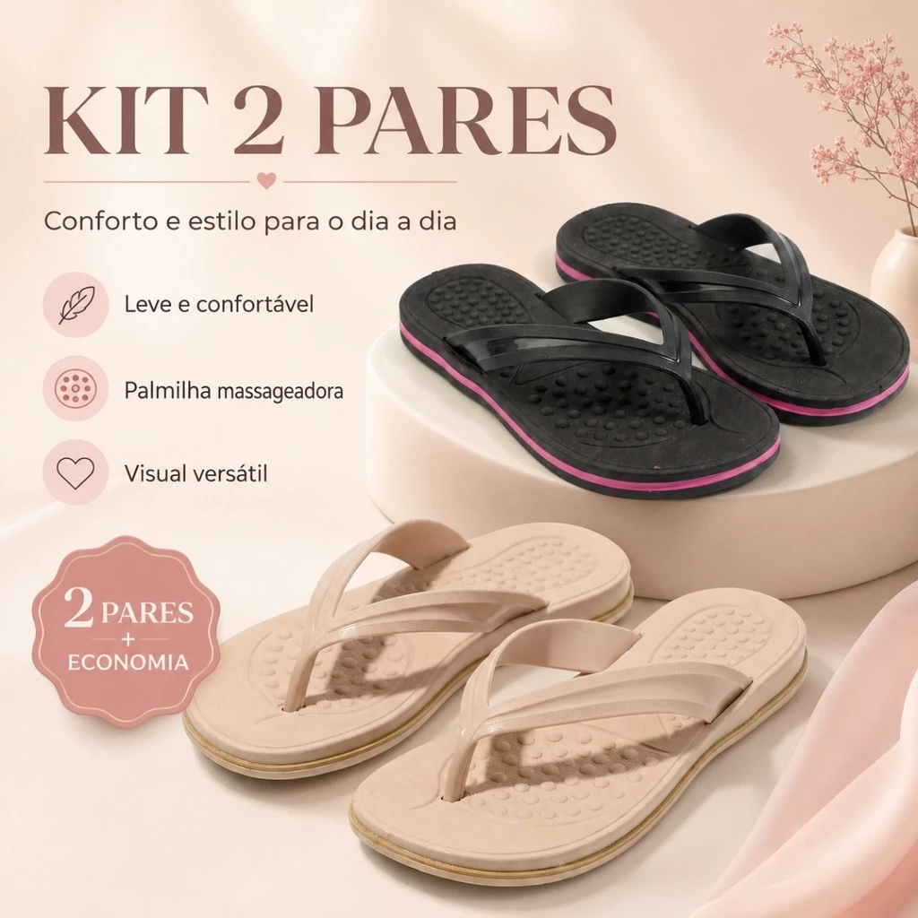 Kit 2 Chinelos Casuais Femininos com Tiras Confortáveis para Conforto em Todos os Momentos — imagem 1
