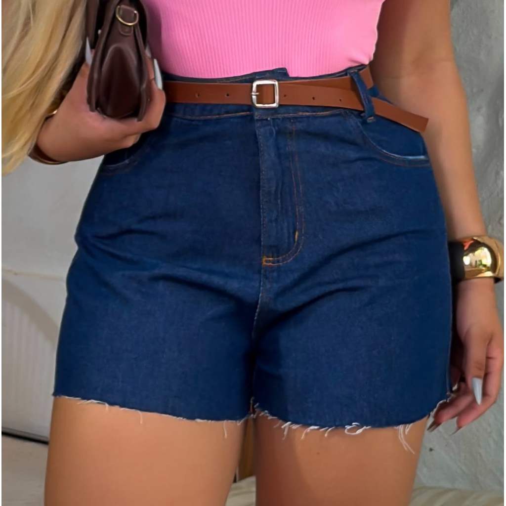 Short Jeans feminino com cinto, 100% (sem lycra, não estica), cintura alta