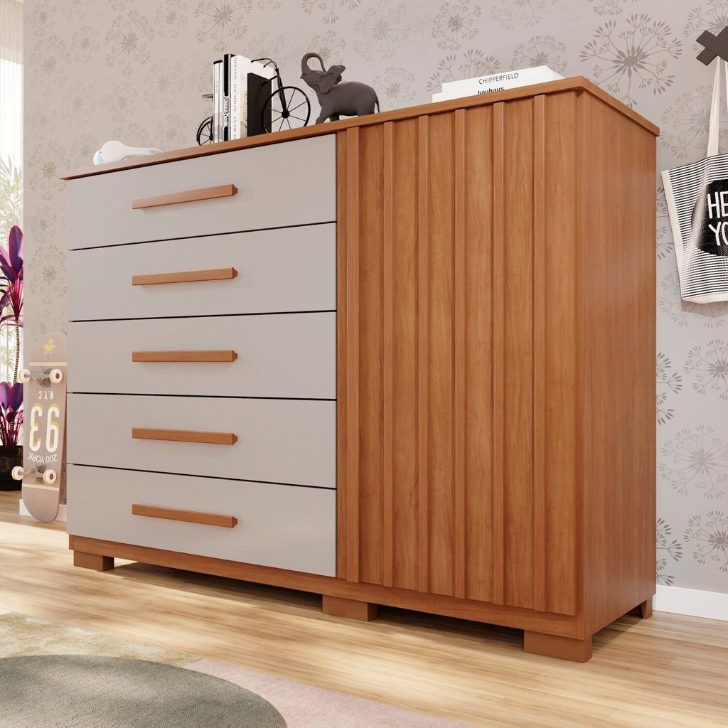Cômoda para Quarto 1 Portas 5 Gavetas Jaspe Expresso Móveis Marrom/Cinamomo/Off White Cinamomo/Off White