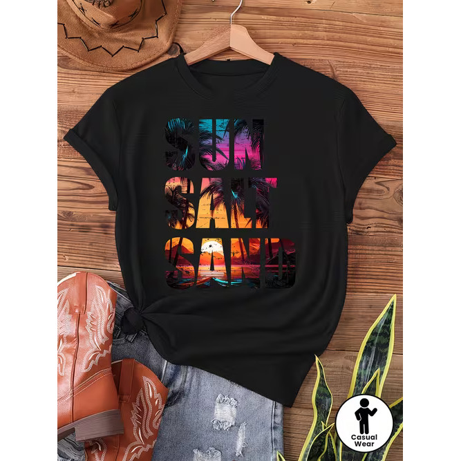 Camiseta Feminina Estampa Paisagem Tropical com Palmeiras e Sunset Confortável Linda Estilosa Moda Feminina Verão