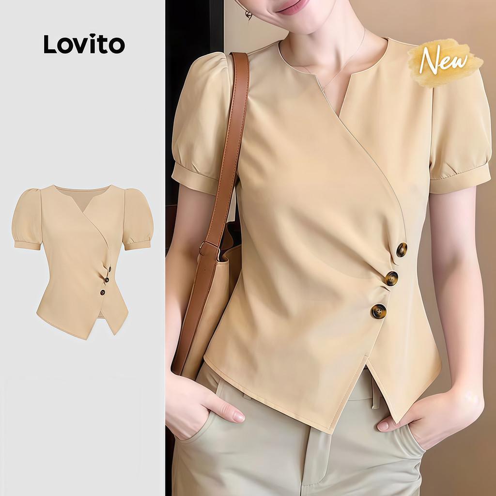 (New Arrival) Lovito Elegante Blusa Assimétrica com Botão Cáqui Primavera/verão 