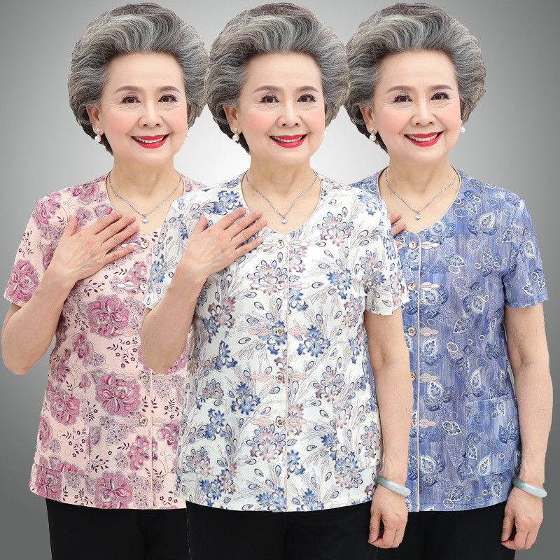 Camisa de manga curta de seda gelo 60 anos 70 roupas de idosos de meia-idade roupas femininas mãe topos roupas de senhor