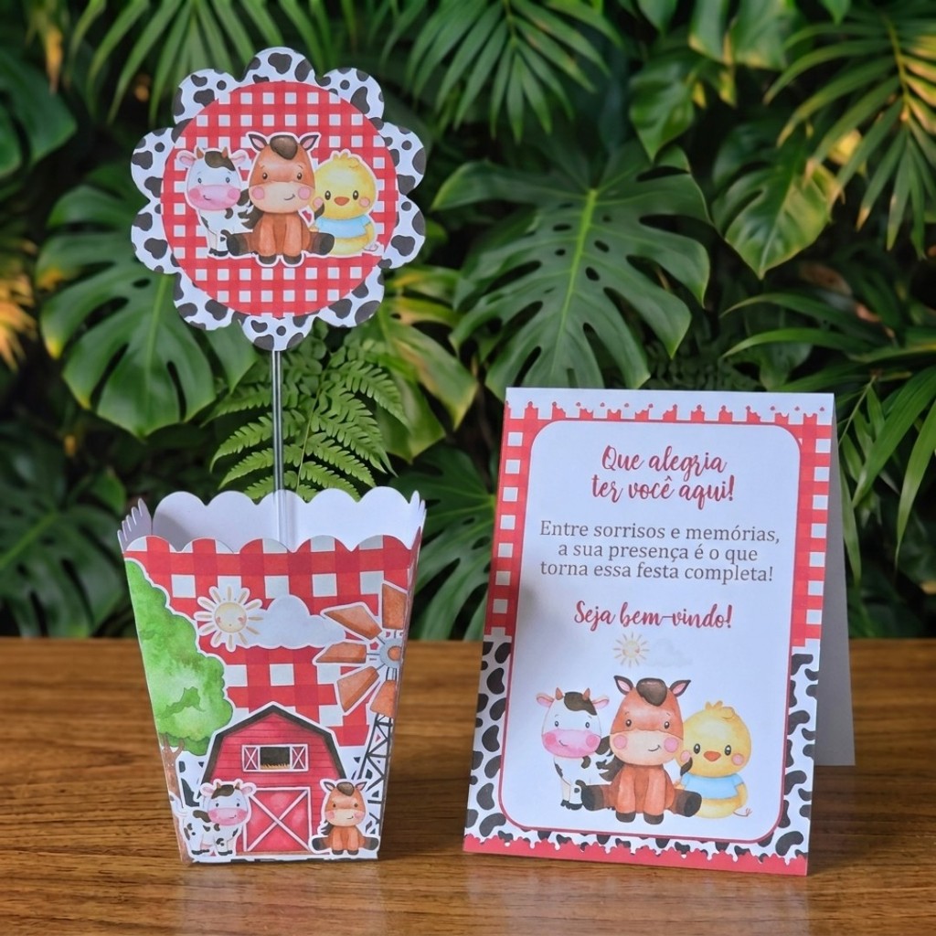 Centros de mesa + Plaquinhas FAZENDINHA VERMELHA lembrancinhas personalizadas aniversario infantil decoração kit festa