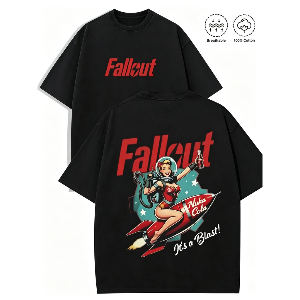Camiseta Masculina Tema Videogame Fallout Estampa Personagem em Foguete Moderna Confortável Estilosa Casual