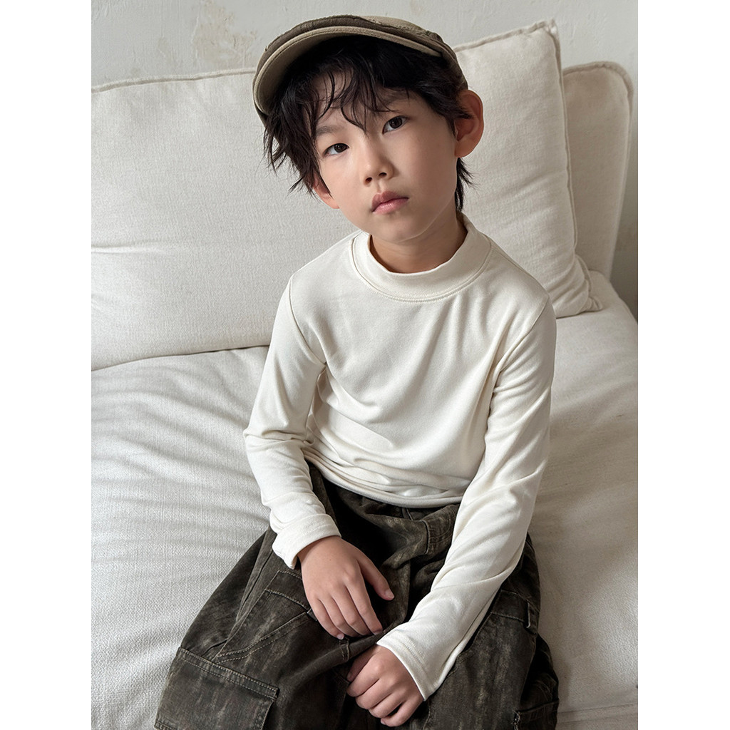 Meninos meia gola alta camisa de fundo primavera outono crianças bege puro algodão Modal interior camiseta coreano menin