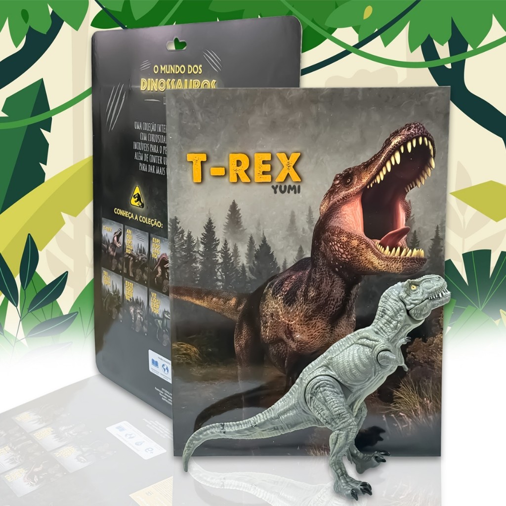 Livro Mundo dos Dinossauros + Dinossauro Brinquedo T-Rex Colecionável Articulado e Realista