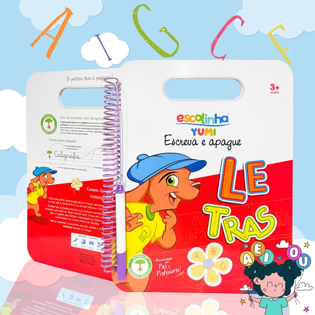Livro Caderno De Caligrafia Infantil Caneta Apagável Letras Alfabeto - Espiral Maletinha + de 70 Atividades