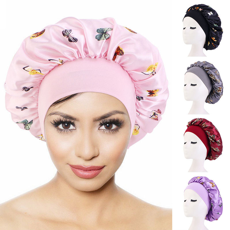 Boné De Cetim Com Estampa De Borboleta , Faixa Elástica Larga Para Dormir , Proteção Cabelo Feminina , Chapéu Noturno