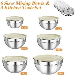 Conjunto de 6 Tigelas de Mistura com Tampas, Tigelas de Armazenamento em Aço Inoxidável para Cozinha, 3 Acessórios de Mo