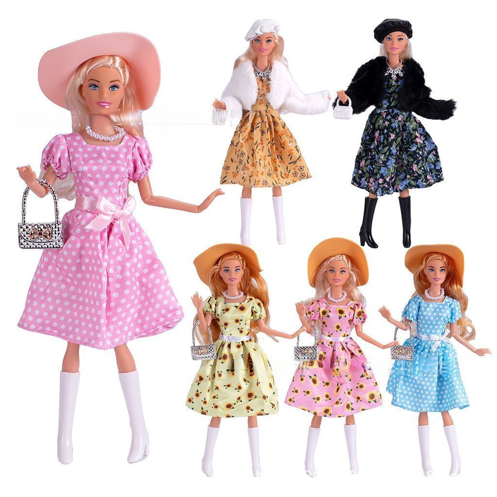Conjunto Vestido Vintage Boneca 30cm, Estilo Hepburn Poá com Chapéu Bolsa Botas, 6 Modelos