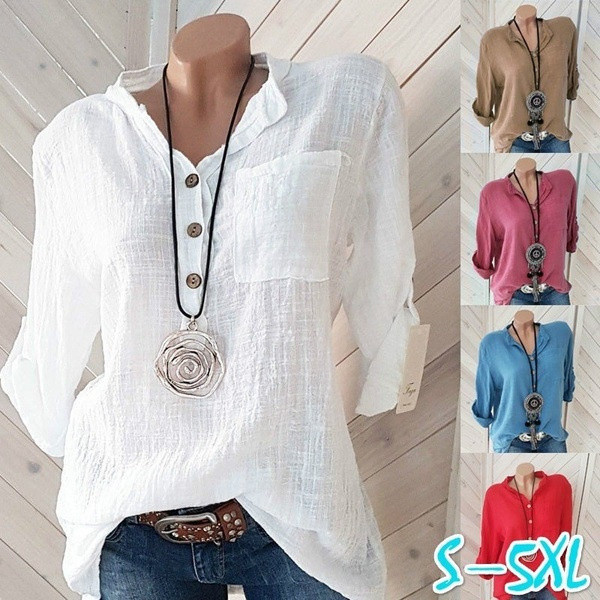 Camisa Feminina de Algodão Respirável com Decote em V e Bolso, Cor Sólida, Moda Casual para Primavera e Verão LQ0G