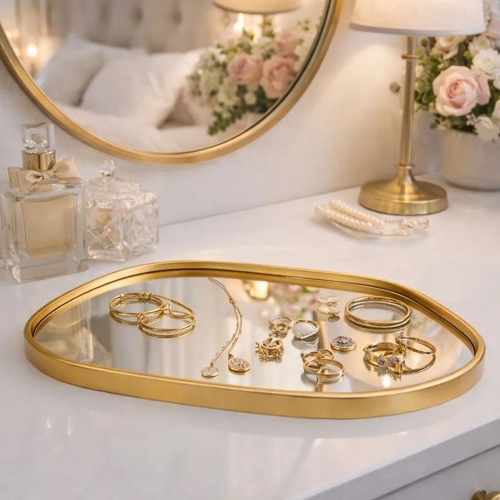 BANDEJA DECORATIVA ESPELHADA FORMATO ORGÂNICO MULTIUSO BANHEIRO LAVABO SALA PRETO DOURADO ESPELHO ORGÂNICO