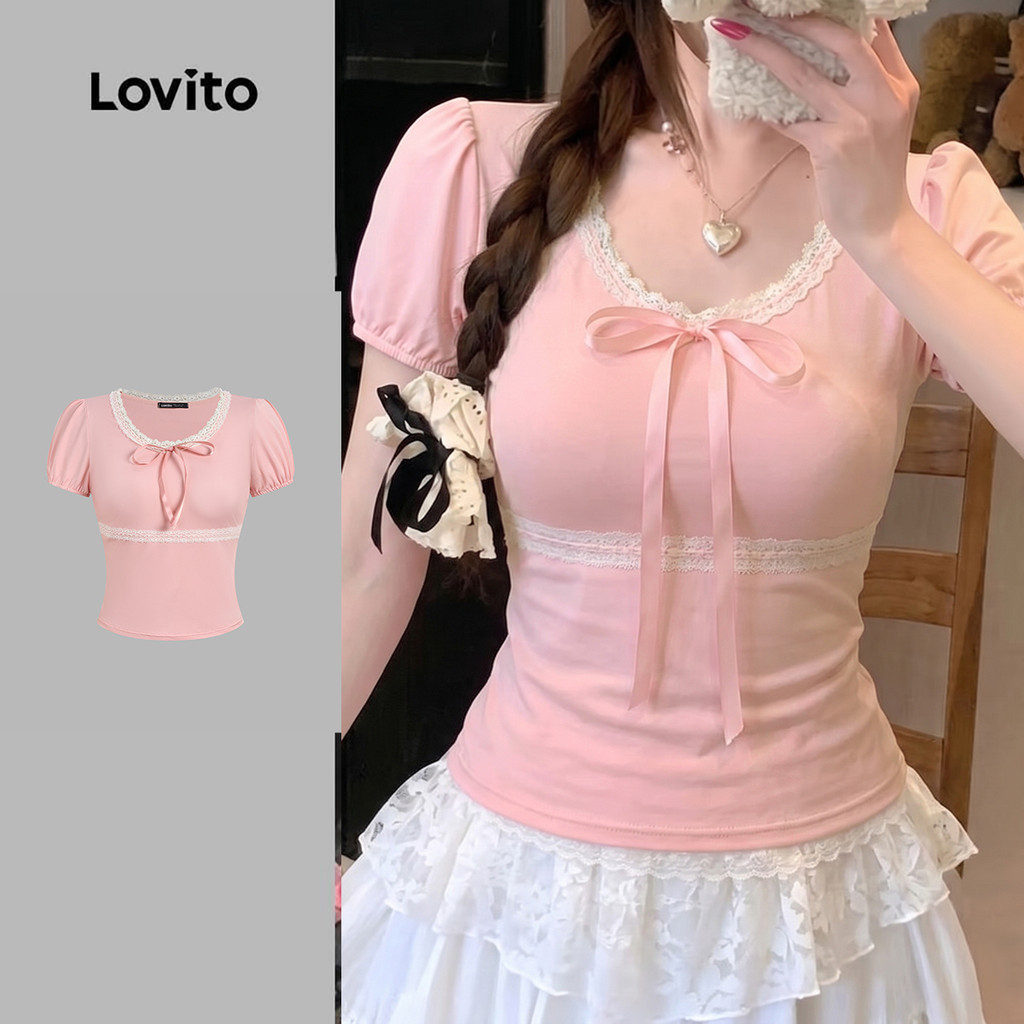(New Arrival) Lovito Camiseta Casual de Renda de Arco Camiseta Rosa de Primavera