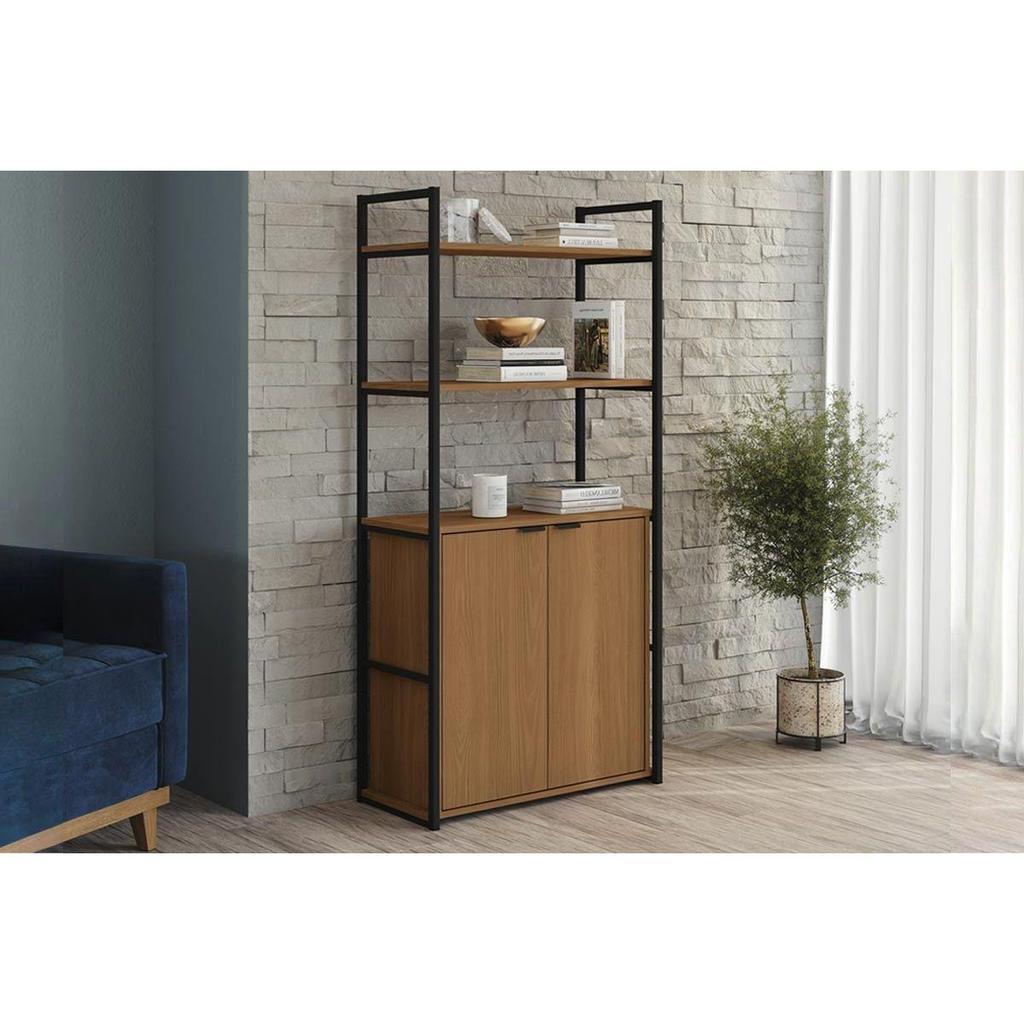 Estante Livreiro de Escritório Industrial Alta LI041 c/ 2 Portas 72x151cm Freijo/Preto - Kappesberg