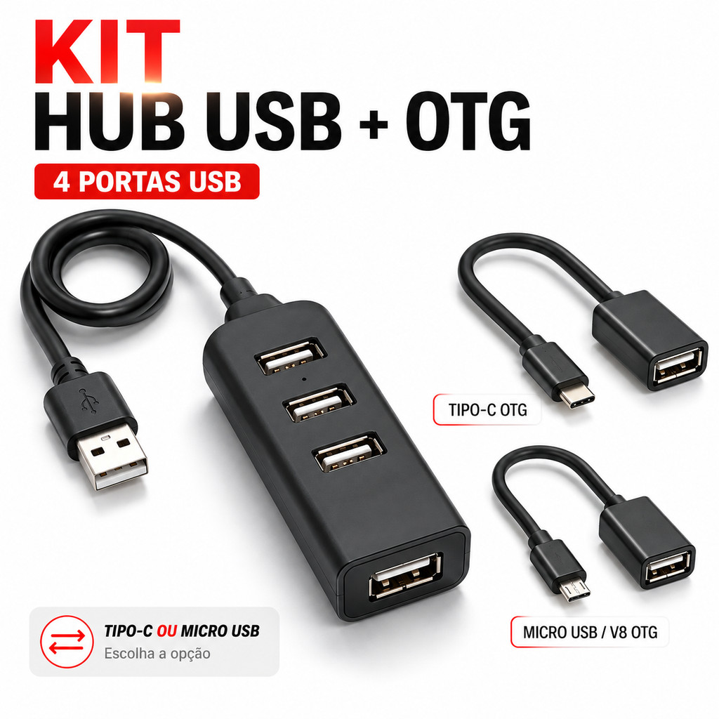 Adaptador Hub 4 Portas Usb 2.0 + Cabo Otg Micro Usb V8 / Usb Tipo-C Otg Para Celular Macbook notebook