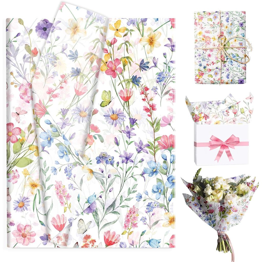50 Folhas de Papel de Seda com Estampa de Flores Silvestres - Papel de Presente com Flores em Aquarela de 28x20 Polegada