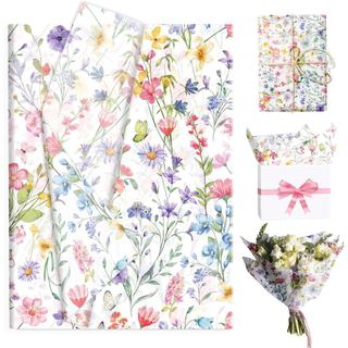 50 Folhas de Papel de Seda com Estampa de Flores Silvestres - Papel de Presente com Flores em Aquarela de 28x20 Polegada