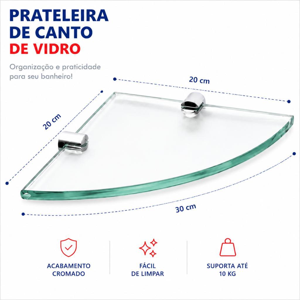 Kit 3 Prateleiras de Vidro 20x20cm 6mm com Suporte Metálico para Banheiro e Lavanderia — imagem 2 de 2